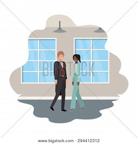 Cuople Of Business With Wall And Windows Vector Illustration Desing