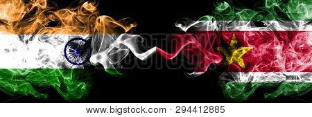 India Vs Suriname, Surinamese Smoke Flags Placed Side By Side. Thick Colored Silky Smoke Flags Of In