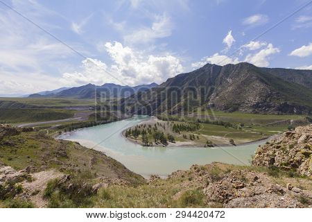 Panoramic View Of An Altai Mountain Katun River. Place Of Confluence Of Katun And Chuya Rivers. Summ