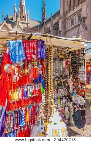 Lujan, Buenos Aires, Argentina, April 7, 2019: Sale Of Religious Articles In Street Stalls In Lujan