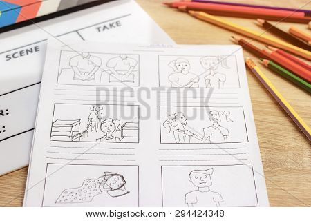 Storyboard Drawing With Pencil Creative Sketch Cartoon. Storyboarding Is Process Image Displayed In