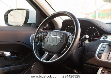Novosibirsk, Russia - 03.10.2019: View To The Interior Of Land Rover Evoque With Dashboard And Steer