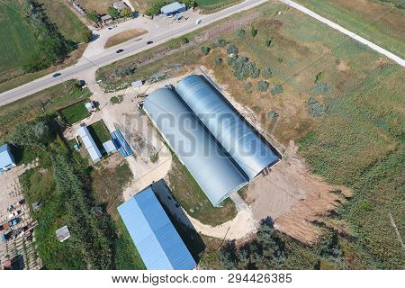 Top View Of The Hangars. Hangar Of Galvanized Metal Sheets For The Storage Of Agricultural Products 