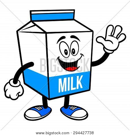 Milk Carton Mascot Waving - A Cartoon Illustration Of A  Milk Carton Mascot.