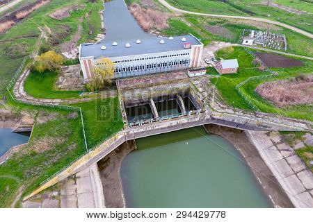 Water Pumping Station Of Irrigation System Of Rice Fields. View From Above.