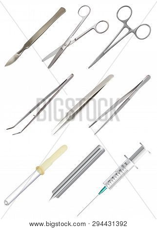 Set Of Medical Hand Tools. Tweezers Of Different Types, All-metal Reusable Scalpel, Clip With Fasten