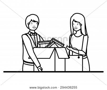 Cuople With Cardboard Box And Shopping Bag Vector Illustration Desing