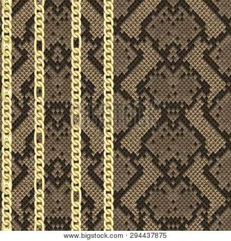 Golden Chains Seamless Pattern On Snake Background.