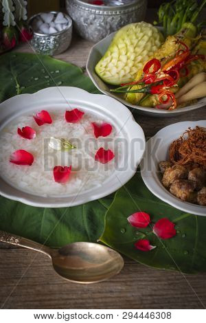Khao-chae, Cooked Rice Soaked In Iced Water In The White Bowl And Eaten With The Usual Complementary