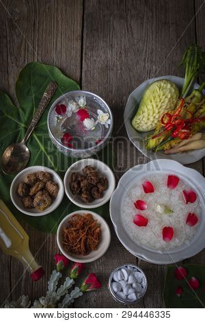 Khao-chae, Cooked Rice Soaked In Iced Water In The White Bowl And Eaten With The Usual Complementary