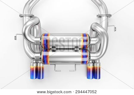 Tuning Exhaust System For A Sports Car. Car Muffler, Exhaust Silencer On A White Background