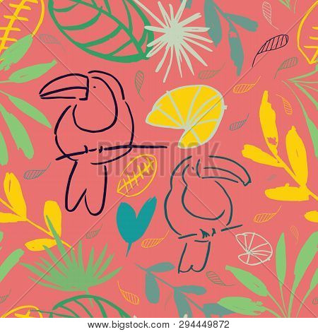 Pink Jungle Tucan Seamless Pattern Background Design. Perfect For Surface Pattern Design, Cards Or S