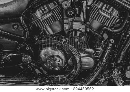 Chopper Engine Black And White Motorcycle V-twin Block.