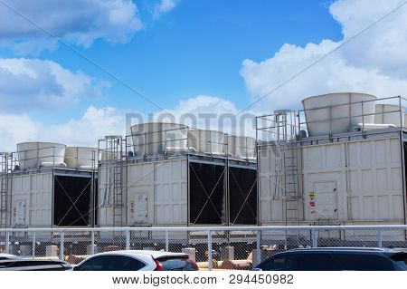 Hvac Cooling Tower On The Roof Top Of Car Park Building.