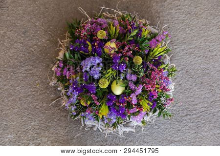 Easter Wreath Decoration On The House Door Of Limonium Sinuatum Or Statice Salem Flowers In Blue, Li