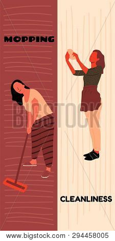 Cleaning Of Floors And Cleaning Of Rooms. A Woman With A Mop Wipes Dust And Dirt. Mopping In Home.