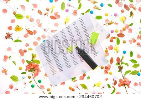 Springtime Income Tax Calculation, Yellow Highlighter And Business Report Flat Lay Top View With Col