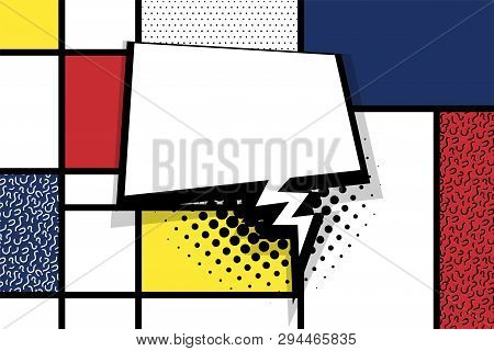 Retro Mondrian Red Yellow Blue Geometric Background. Comic Text Speech Bubble Box. Minimal Trendy Fa