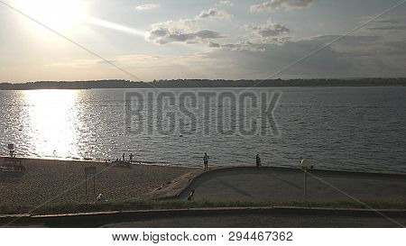 Sunset Over The Volga. Embankment In Samara, Russia.