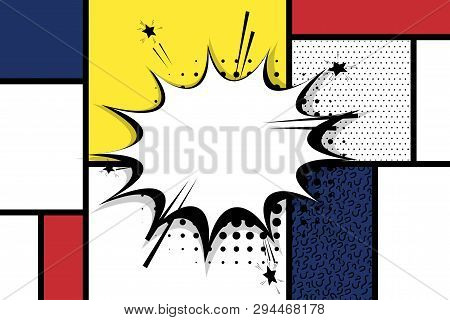 Retro Mondrian Red Yellow Blue Geometric Background. Comic Text Speech Bubble Box. Minimal Trendy Fa