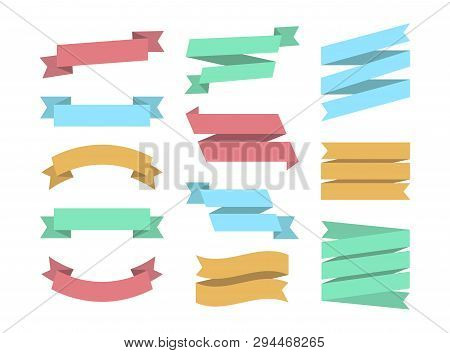 Ribbons Set Of 12 Bunners. Colorful Set Ribbin. Flat Design Graphic Elements Collection. Vector Ribb