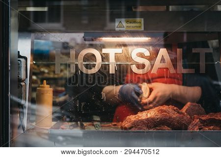 London, Uk - April 6, 2019: Salt Beef Bagels Being Made A Famous Bagel Shop In Brick Lane, London. T