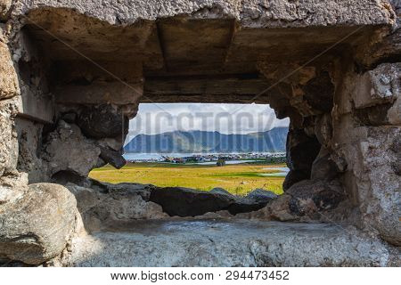 In The Old Radar Station. View On The Coast In Eggum, Lofoten Islands, Norway