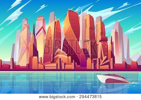 Moscow City Skyline Cartoon Vector Panoramic Background With International Business Center Complex F