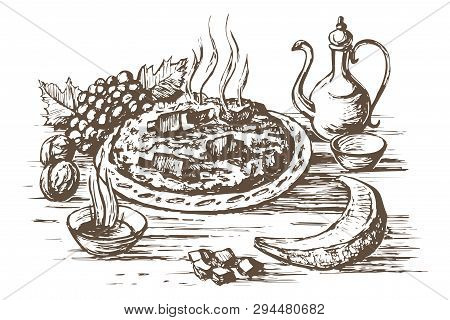 Eastern Dish Of Rice And Meat, Plov. Hot Pilaf  On A Large Plate. Tea With Sugar, Fruit Grapes, Melo