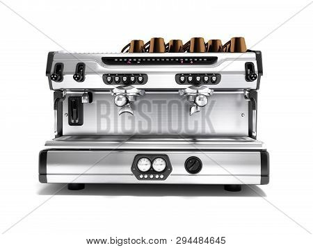 Professional Coffee Machine With Coffee Cups 3d Render On White Background With Shadow