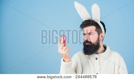Easter Bunny. Having Fun. Funny Bunny With Beard And Mustache Hold Pink Egg. Bearded Man Wear Silly 