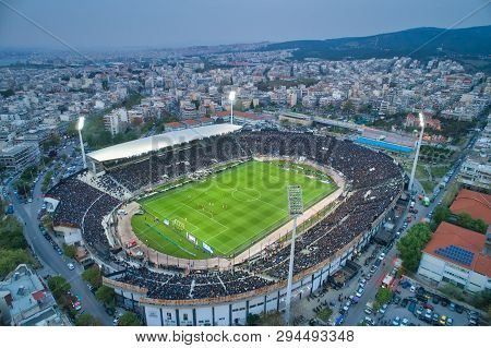 Aerial Soot Of The Toumba Stadium Full Of Fans During A Football Match For The Championship Between