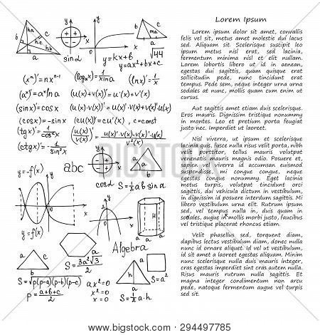 Illustration With Hand Drawn Mathematics Formules And Other Elemets. Science Collection. Vector.