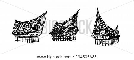 Indonesian Traditional Batak House Set. Hand Drawn Outline Sketch. Vector Black Ink Drawing Isolated