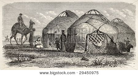 Illustration ancienne de Kalmyk campement, Russie. Créé par Moynet, publié sur Le Tour du Monde, Paris,