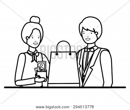 Couple Young With Shopping Bag Avatar Character Vector Illustration Desing