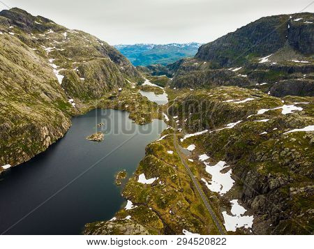 Aerial View. Norway Landscape. Road And Lakes In Stony Rocks Mountains. Norwegian National Tourist S