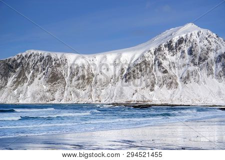 Winter harsh landscape in Lofoten Archipelago, Norway, Europe