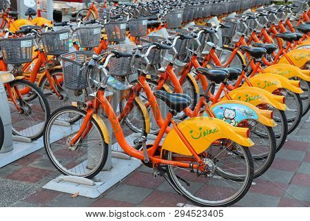 Taipei, Taiwan - December 3, 2018: City Bicycle Sharing Station In Taipei, Taiwan. The Bike Sharing 