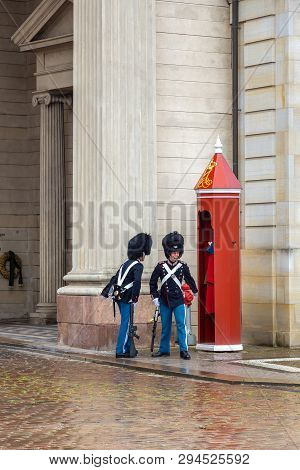 Copenhagen, Denmark - June, 2018: Royal Guard At Amalienborg. The Palace And Residence In Copenhagen
