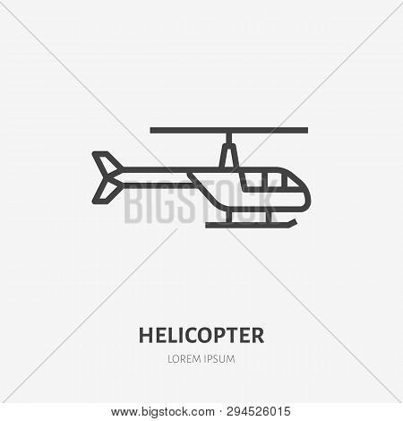 Helicopter Flat Line Icon. Rotorcraft Vector Illustration. Thin Sign For Aircraft Rental, Copter Log