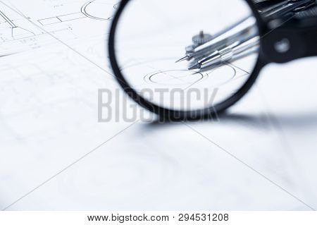 Compass On The Background Detail Drawings. Technical Drawing.