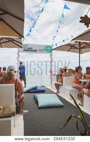 Joao Pessoa - Pb, Brazil - February 21, 2019: People On A Catamaran Boat Navigating To Caribessa At 