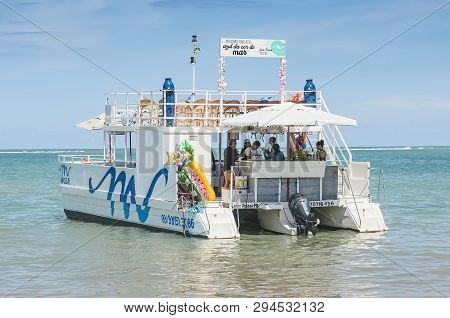 Joao Pessoa - Pb, Brazil - February 21, 2019: Catamaran Boat That Makes Tours With Tourists Docked O