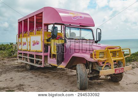 Conde - Pb, Brazil - February 22, 2019: Pink Tourism Bus Called Penelope Charmosa At Costa Do Conde.