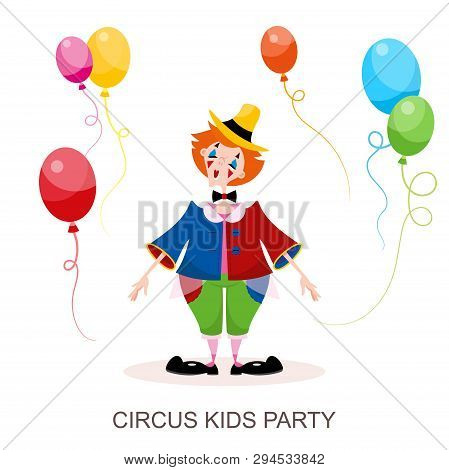 Funny Character Clown From The Circus. A Young Girl Is An Animator In A Colored Circus Costume And A