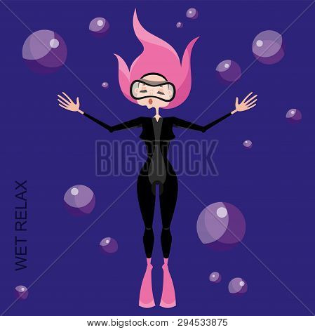 The Character Of The Diver In The Blue Sea. A Young Girl With Pink Hair Swims Under Water In A Wetsu
