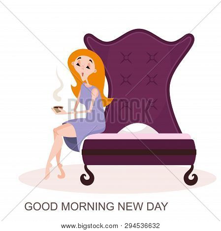 Good Morning. The Character Of The Awakened Woman. A Girl In A Shirt Sits On The Bed With A Cup Of C