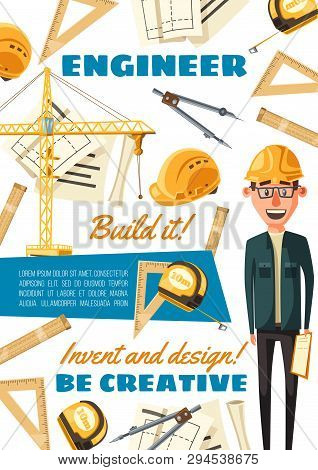 Construction Engineer At Building Site. Vector Engineering Builder Or Constructor Profession Man In 