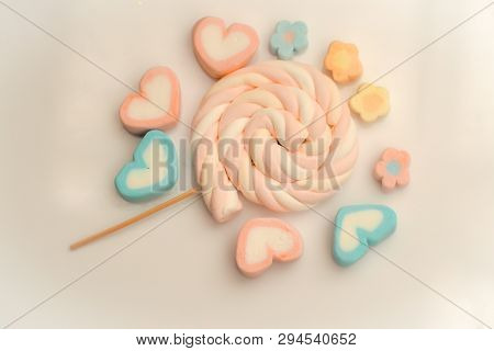 Colorful Candies Marshmallow Background, Top View, Copy Space Sweet Idea.